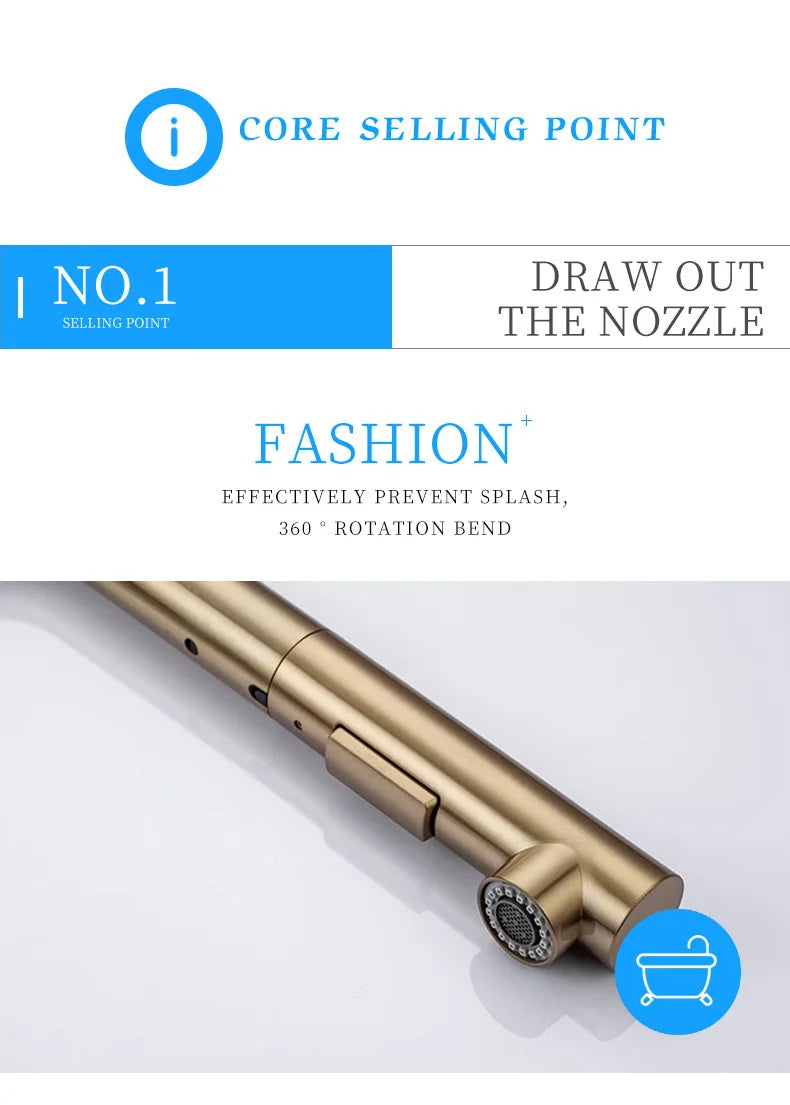 Stainless Steel Kitchen Sink Faucet Pull Out Sprayer Hot Cold Water Mixer Tap Deck Mounted Single Hole Modern Kitchen Tap