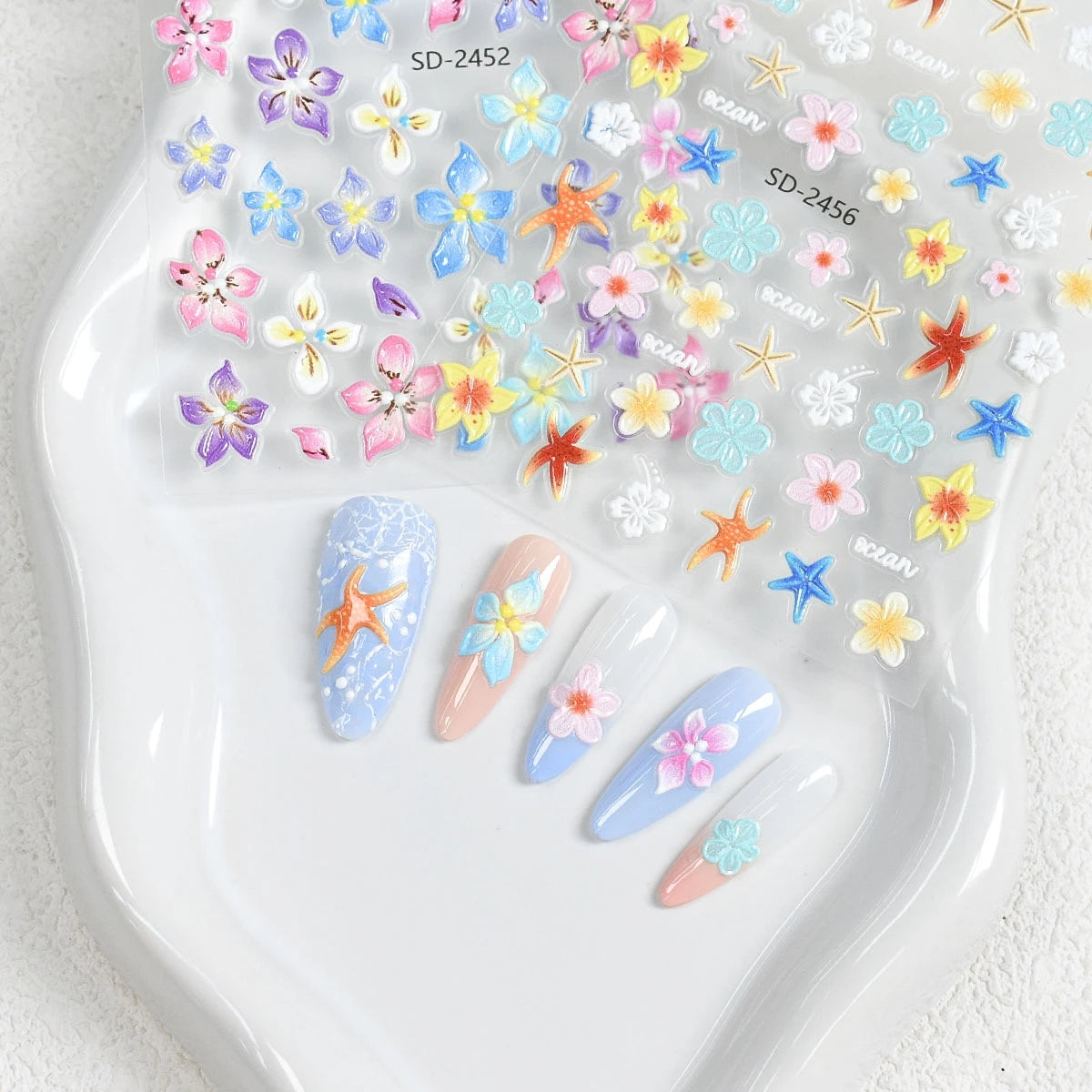 3 to 120 Sheets Tropical Flower Nail Stickers Hibiscus Butterfly Starfish Nail Decals 5D Embossed Self Adhesive Summer Nail Art