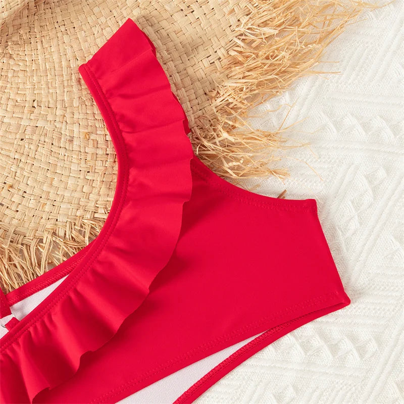 Bikini Girls Kids Swimsuits One Shoulder Ruffles Swimwear Solid Color Backless Bathing Suit