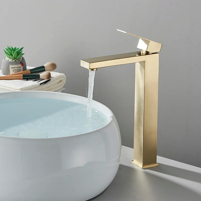 Senlesen Brushed Gold Bathroom Faucet Basin Faucets Deck Mounted Sink Mixer Tap Stainless Steel Countertop Hot Cold Water Crane