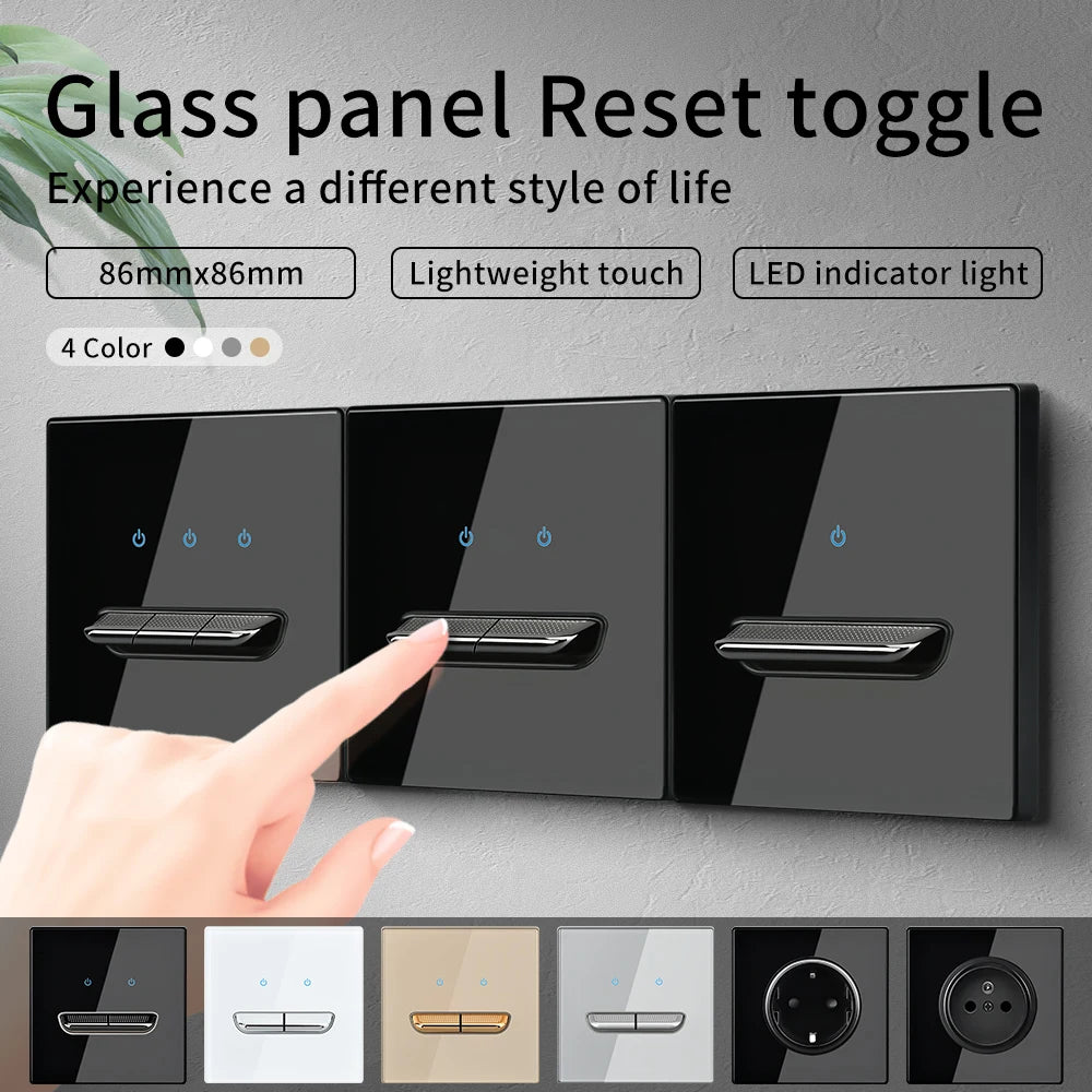 Black Tempered Glass Wall Switch Panel Led European 16a Socket Retro Toggle Light Switch Eu Uk Standard 2usb Socket 1Gang-4gang