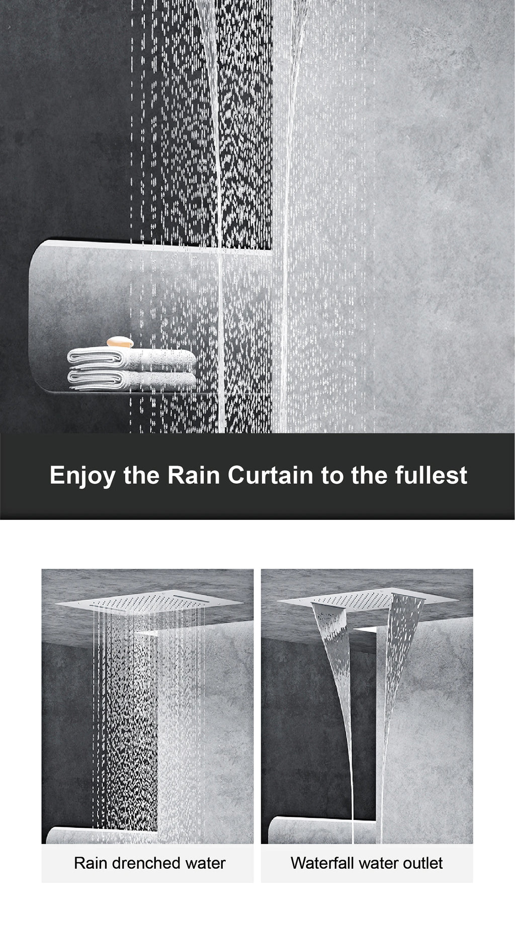Luxury Gun Grey Brass Thermostatic Shower System Ceiling-Embedded Rainfall&Waterfall Outlet with LED Display Bathroom Mixer Tap