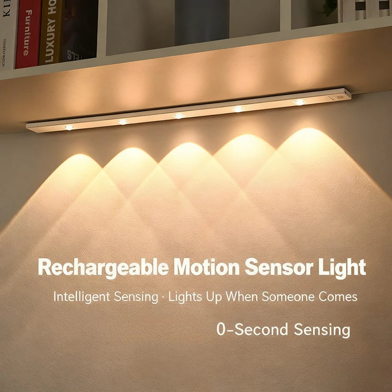 Smart LED Motion Sensor Light Strip - Thin Cat-Eye Hill Design, Rechargeable Self-Adhesive for Wardrobe/Wine Cabinet/Cabinet