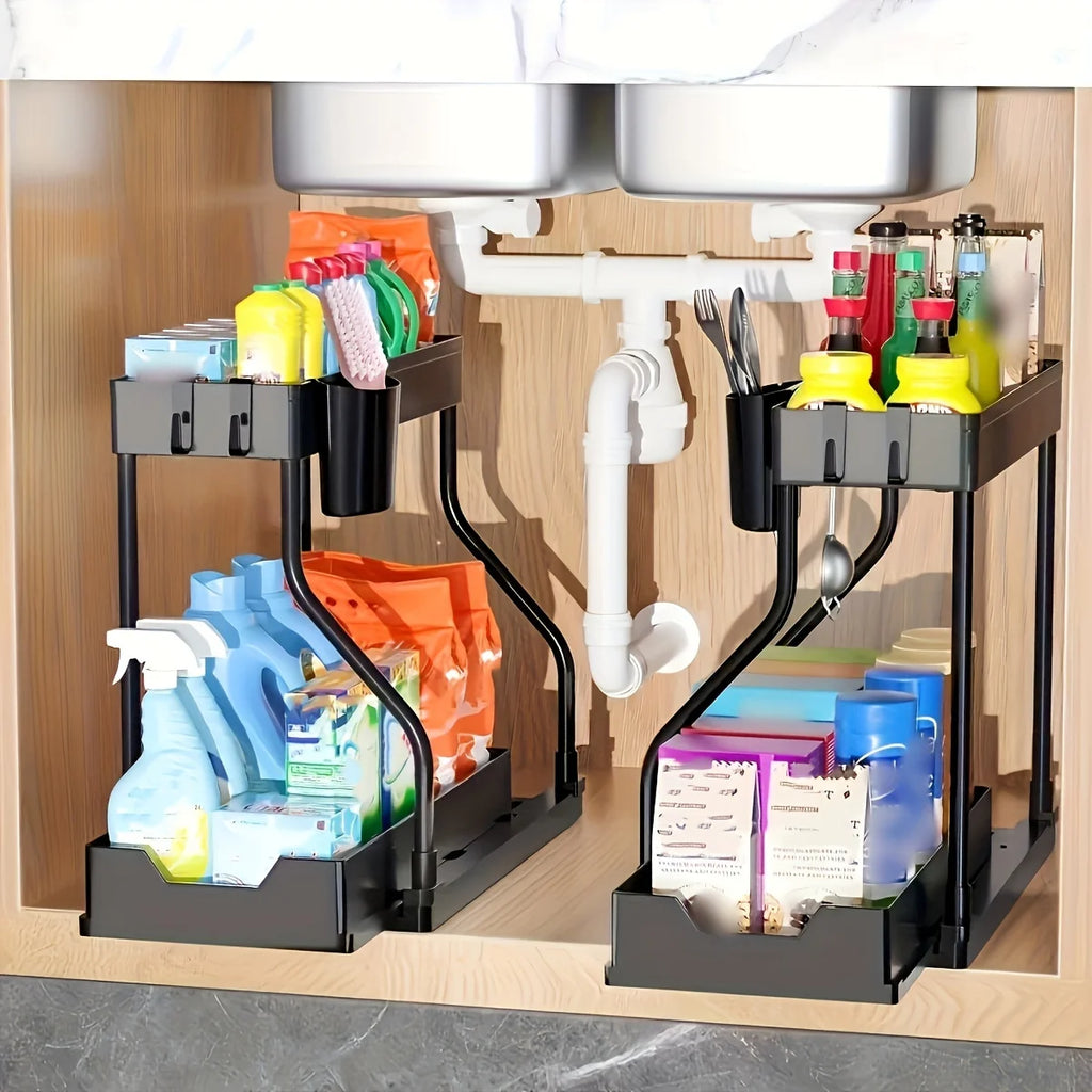 Double Layer Storage Rack, Pull-out Storage Box, Cabinet Sink for Organizing and Organizing Storage Racks  Kitchen Organizer