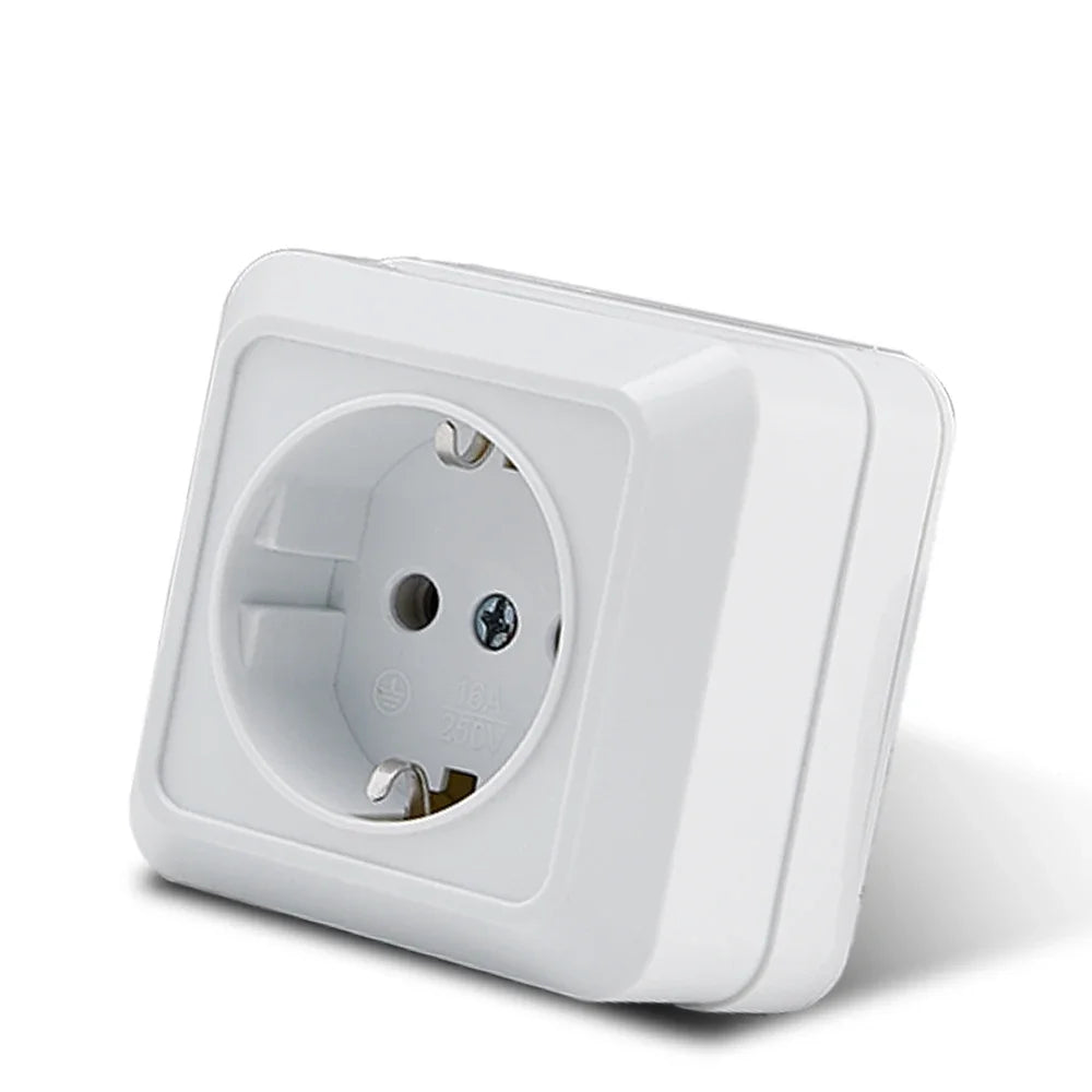White Wall Mount Socket EU Standard Electrical Outlett Ground Vintage Surface Power Socket Plugs Flame Retardant Plastic