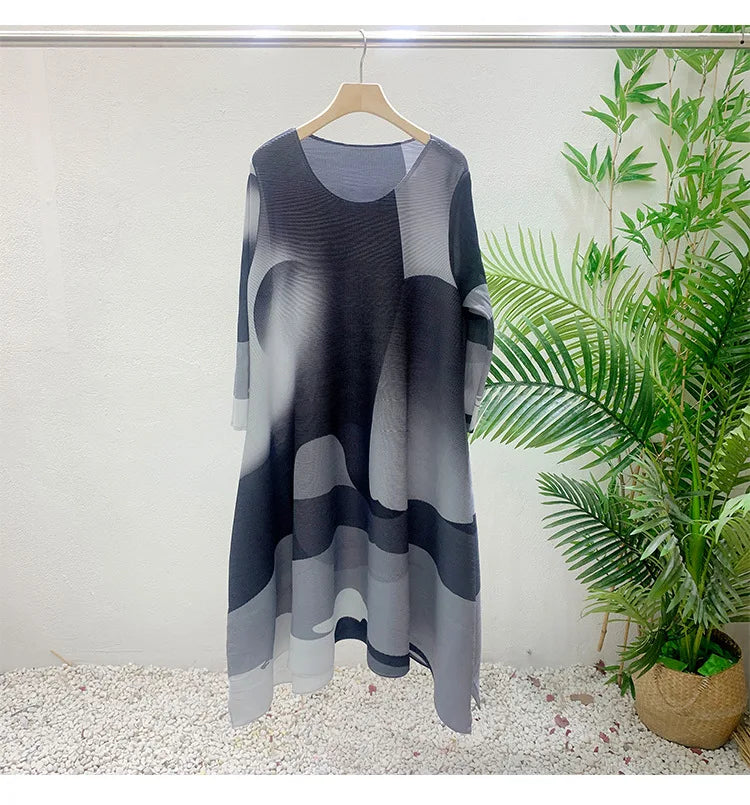 Miyake Pleated Print Dress 2024 New Early Spring Fashion Elegant A-line Swing Dress Elegant Women's Clothing High-quality