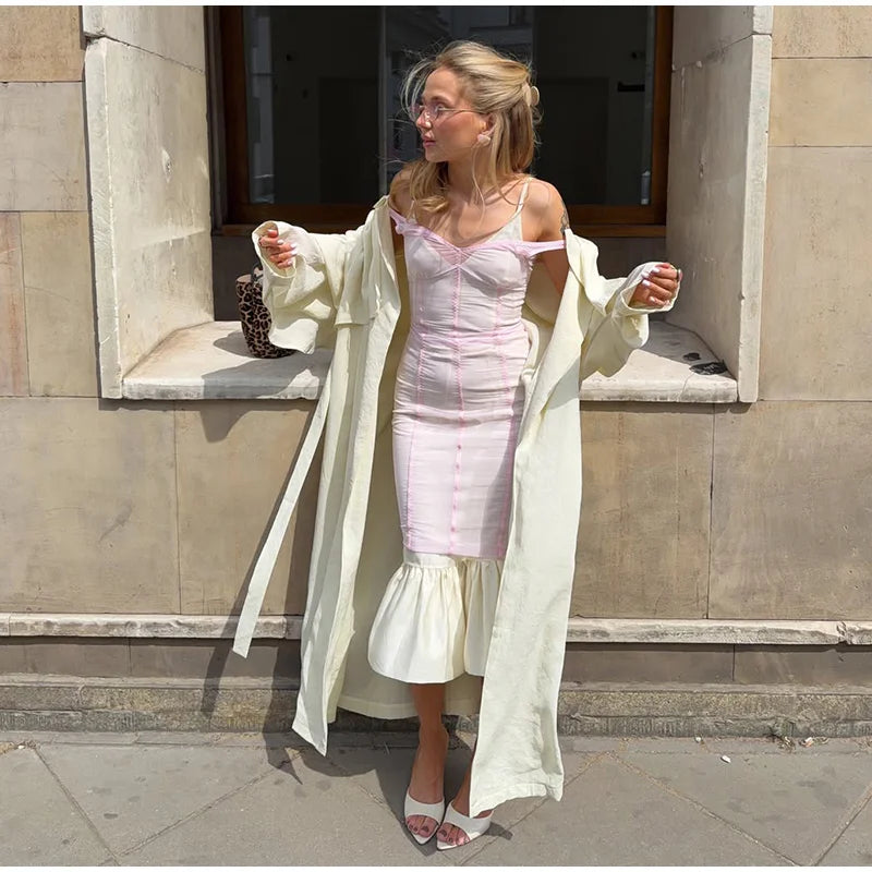 Sheer Mesh Overlay Spaghetti Strap Midi Dress Waist Cinched Sleeveless 2026 Summer Women Accessories Trendy Classy Lady Outfit