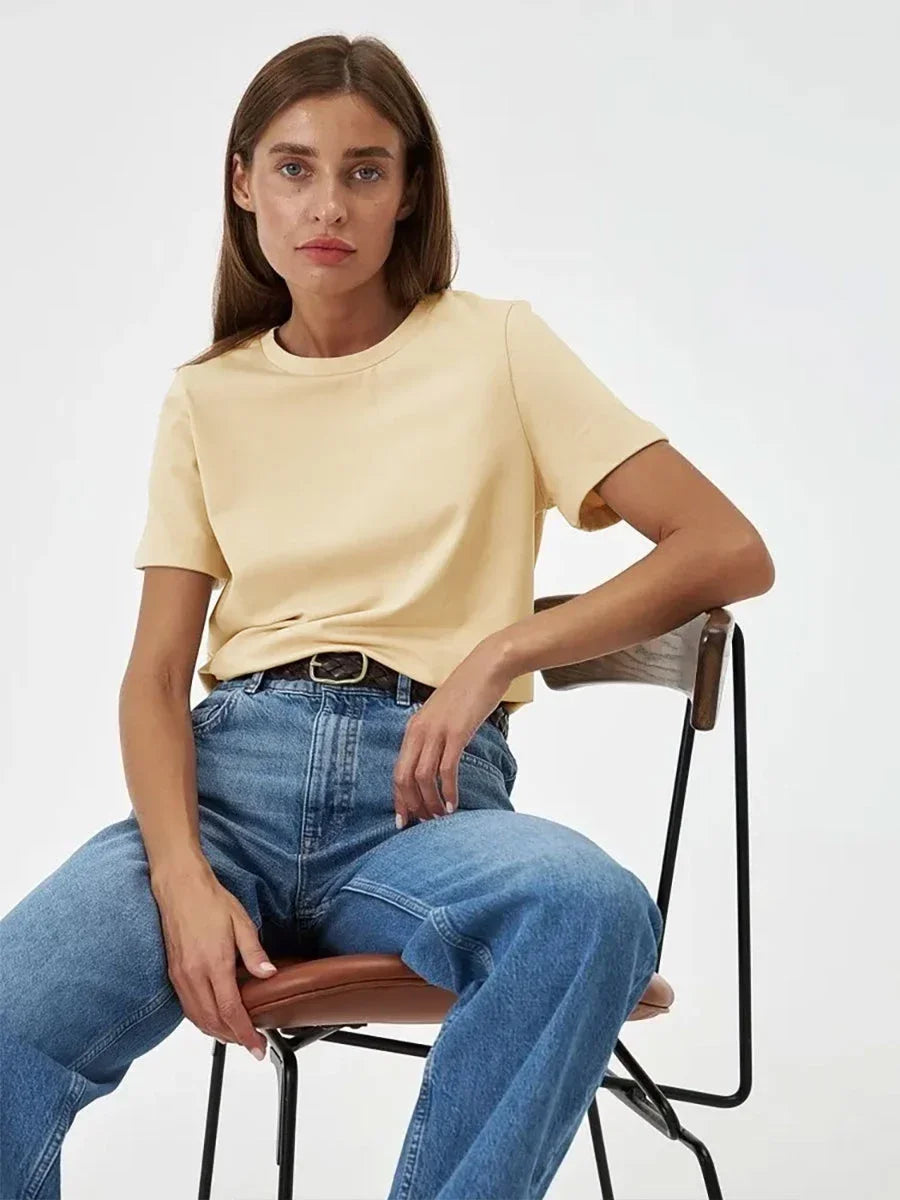 Summer 100% Cotton Women's T-shirt Bottoming Basic Fashionable Lady Short Sleeve Loose Tops Shirts Solid 200g/㎡ Tops