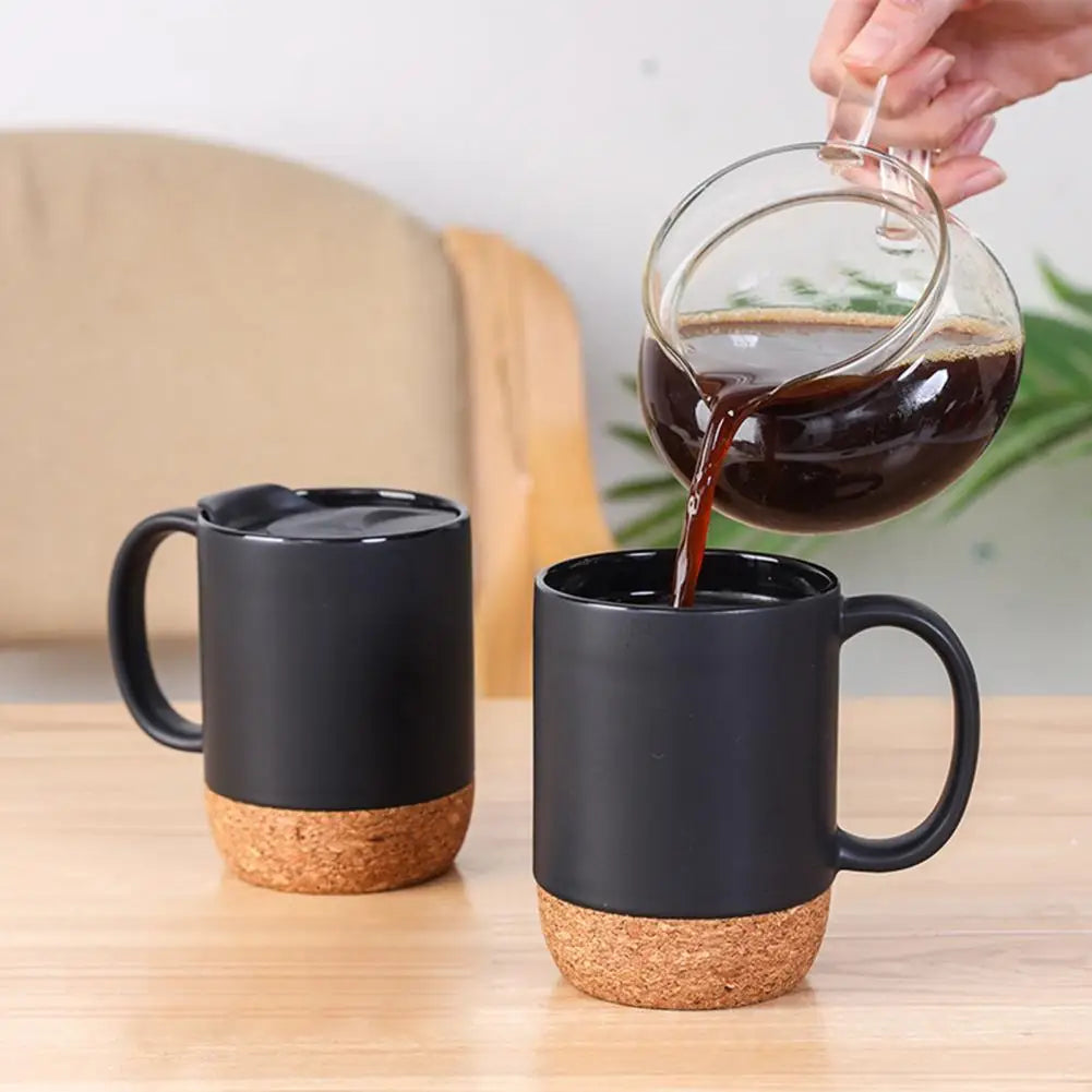 Modern Coffee Mug Leak-proof Coffee Mug 350ml Matte Black Coffee Mug with Grip Handle Cork Bottom Detachable Dustproof Lid