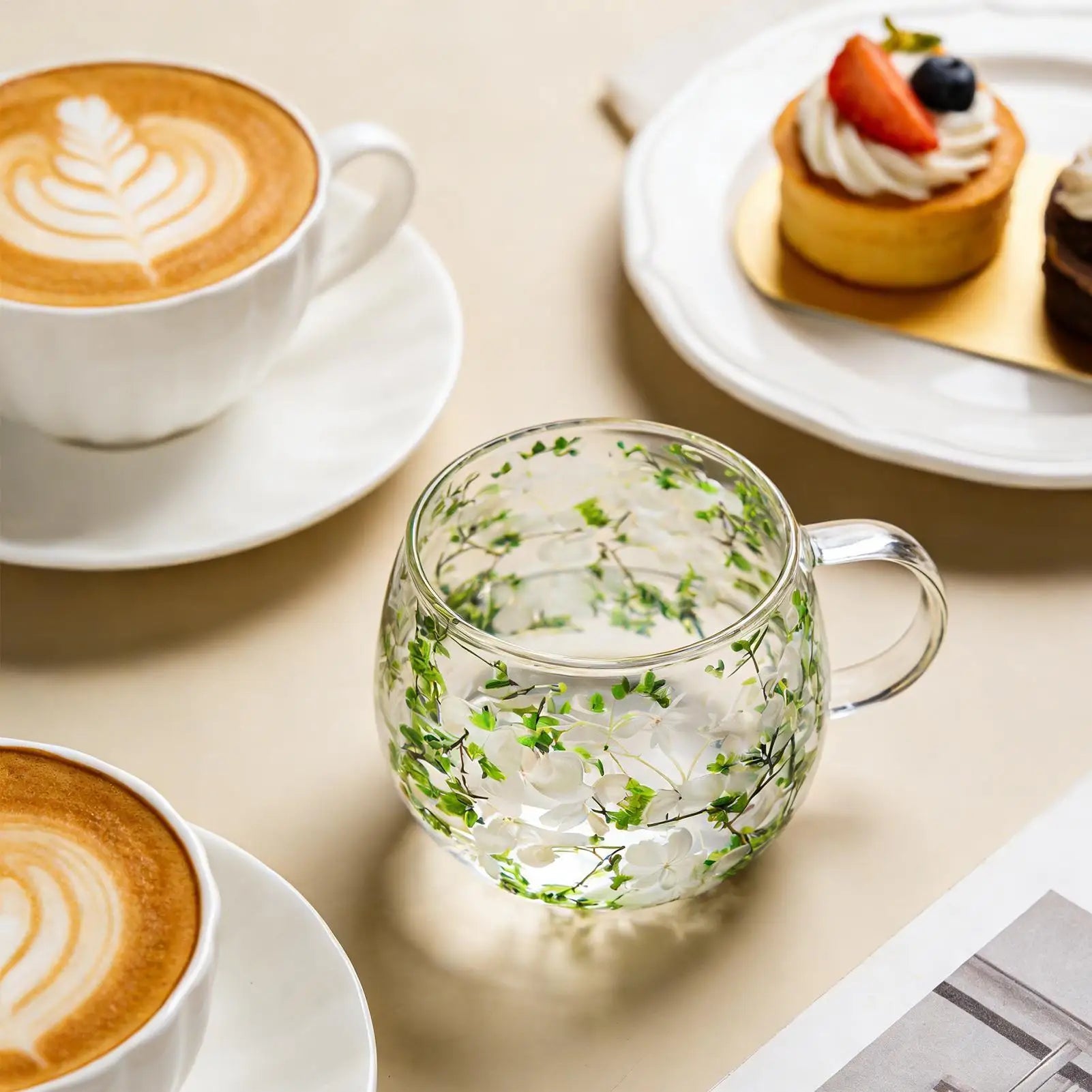 300ml Glass Cup with Dried Flower Heat Resistant Drinking Glasses for Water Juice Milk Coffee Tea Home Cafe Office Party