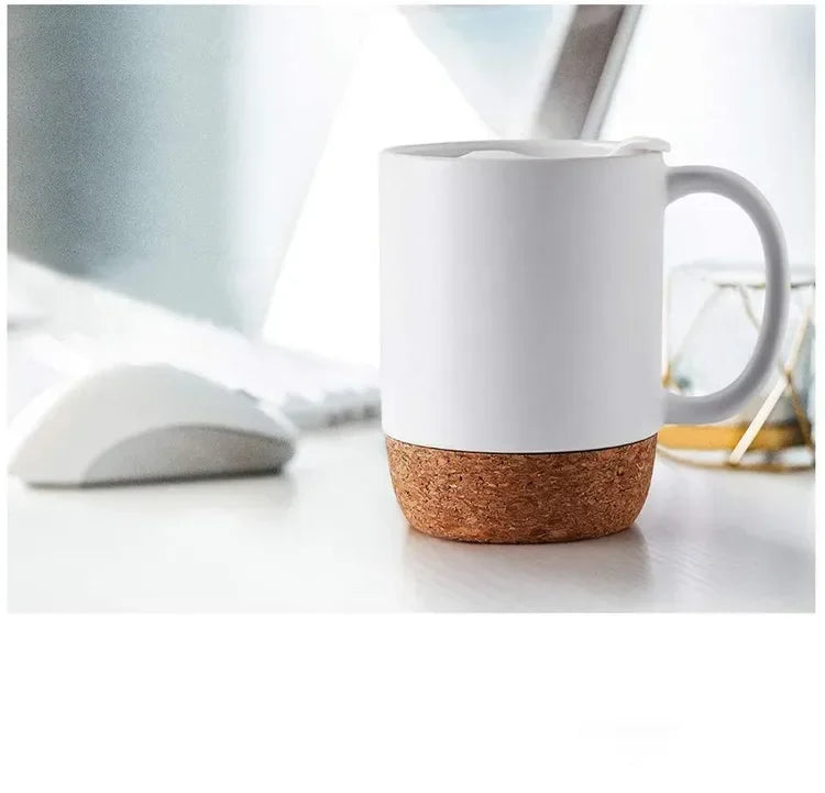 Simplicity Ceramic Cork Bottom Coffee Mug with Lid Splash Proof Heat-resistant Matte Plain White Black Cork Base Bottom Tea Cup