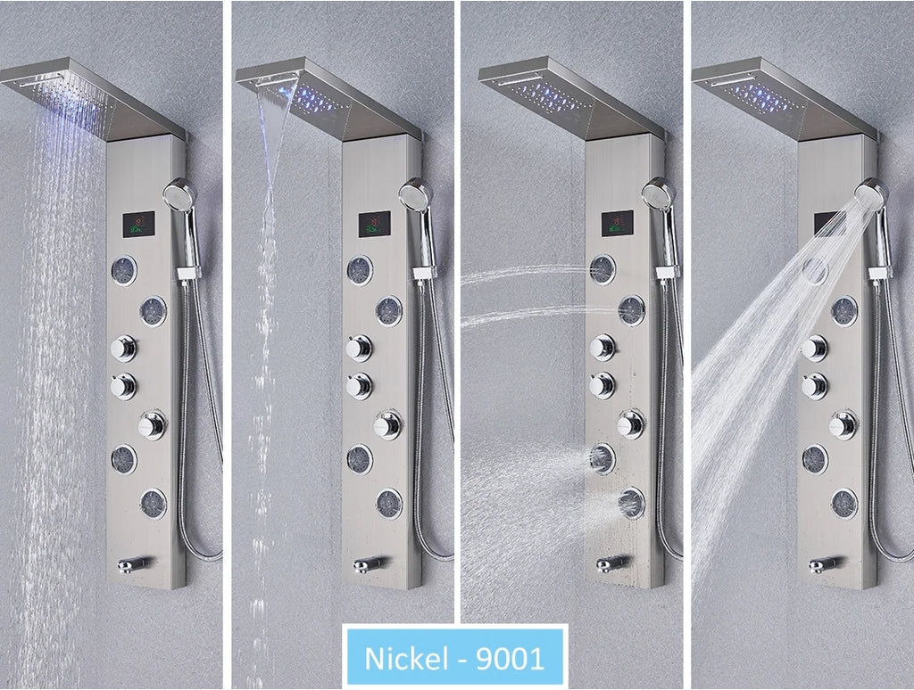 LED Shower Panel Tower System Rain Waterfall Shower Column Hydroelectricity LCD Display With Massage Body Spa Bath Shower Faucet