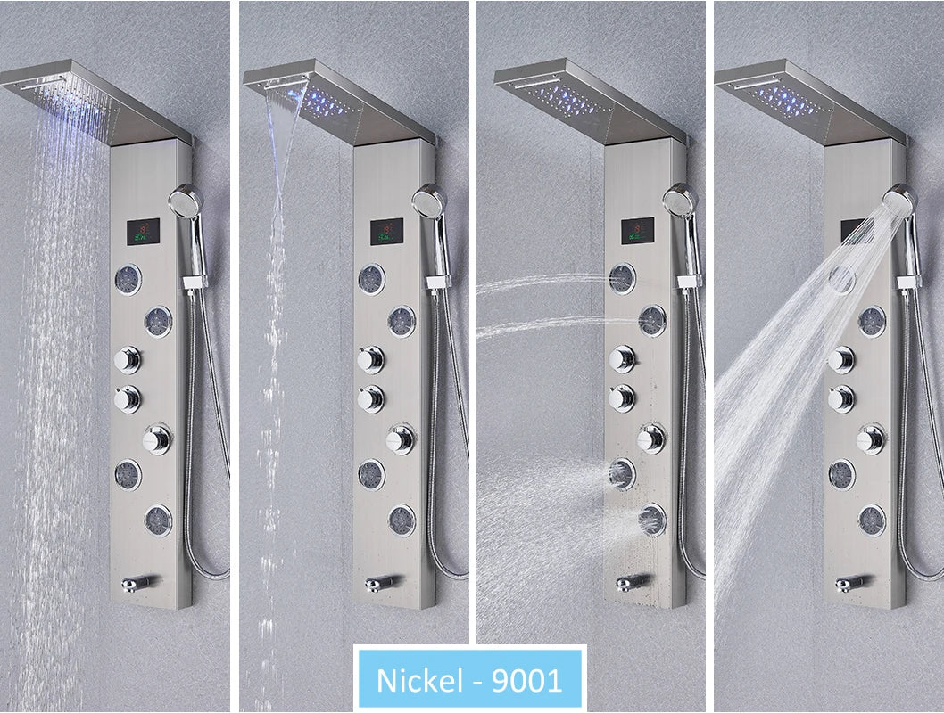 LED Shower Panel Tower System Rain Waterfall Shower Column Hydroelectricity LCD Display With Massage Body Spa Bath Shower Faucet
