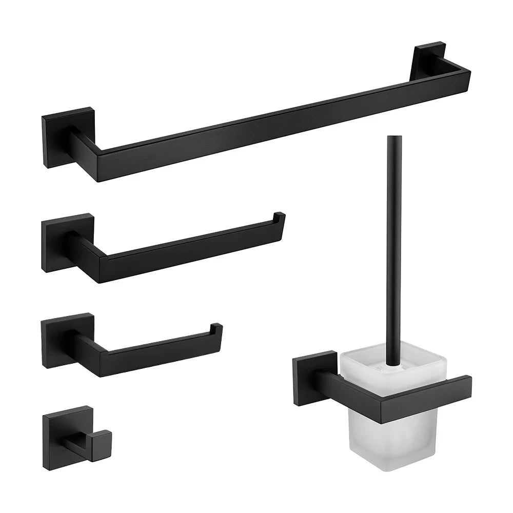Matt Black Bathroom Hardware Set Kit Accessories Wall Shelf Towel Bar Rack Rail Robe Hanger Toilet Brush Roll Paper Holder Dish