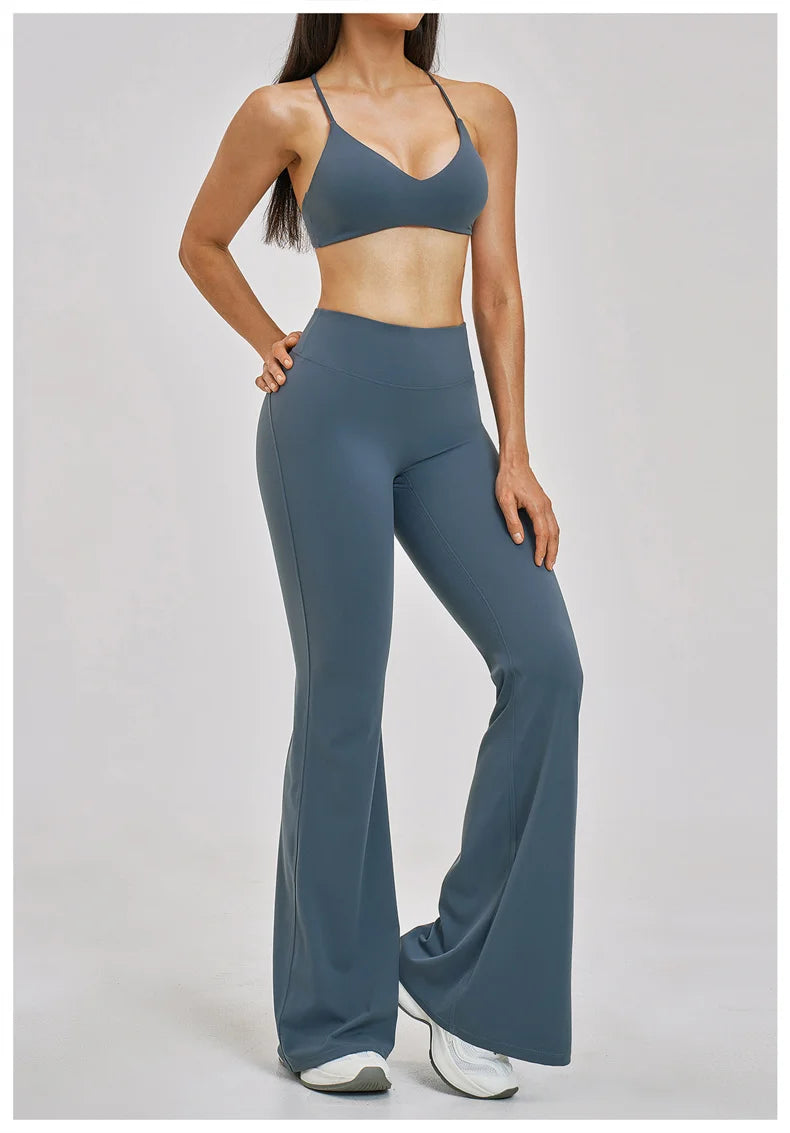 TRY TO BN Women's Tracksuit 2 Pieces Yoga Set Back Y Bra High Waist Leggings Flare Fitness Sportwear Workout Running Gym Clothes