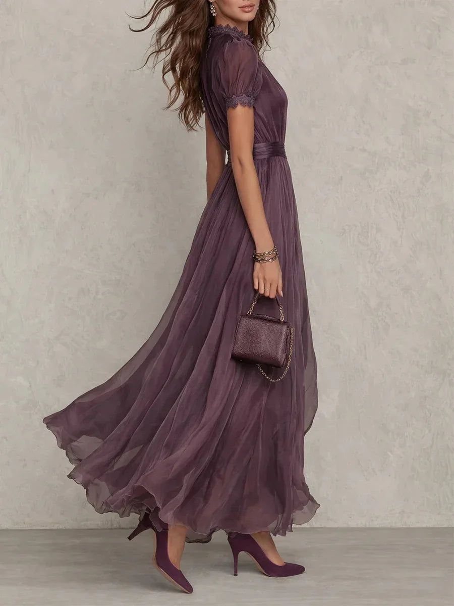Vintage Spliced Hollow Out Dinner Maxi Dress for Women Stand Collar Lantern Sleeve Pleated Tunic Slit Sexy Dresses Female