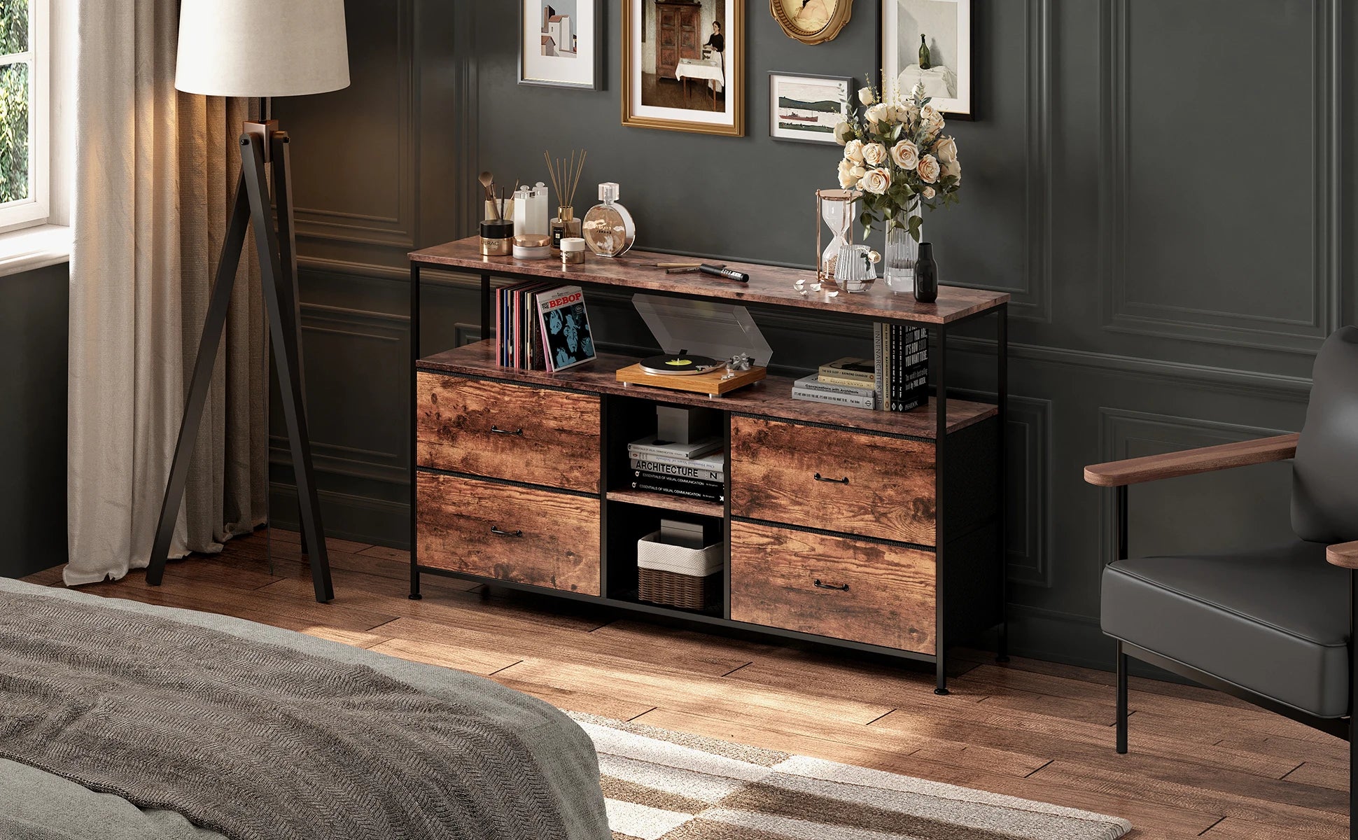 Rosahqnda TV stand with 4 drawers, TV cabinet, , adjustable shelves, TV table, TV cabinet living room furniture