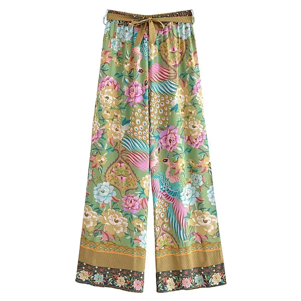 Boho Queens Women Peacock Floral Print Bohemian Wide Leg Pants Lady Elastic Waist Loose Rayon Boho Long Pant  Oversize Trousers