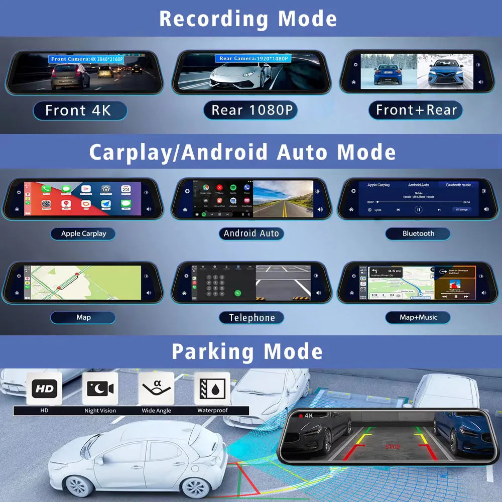 4K 3840*2160P Dash Cam Carplay Android-Auto Car DVR Dual Len 5G Wifi GPS BT FM Video Drive Recorder Stream Mirror Dashcam Camera