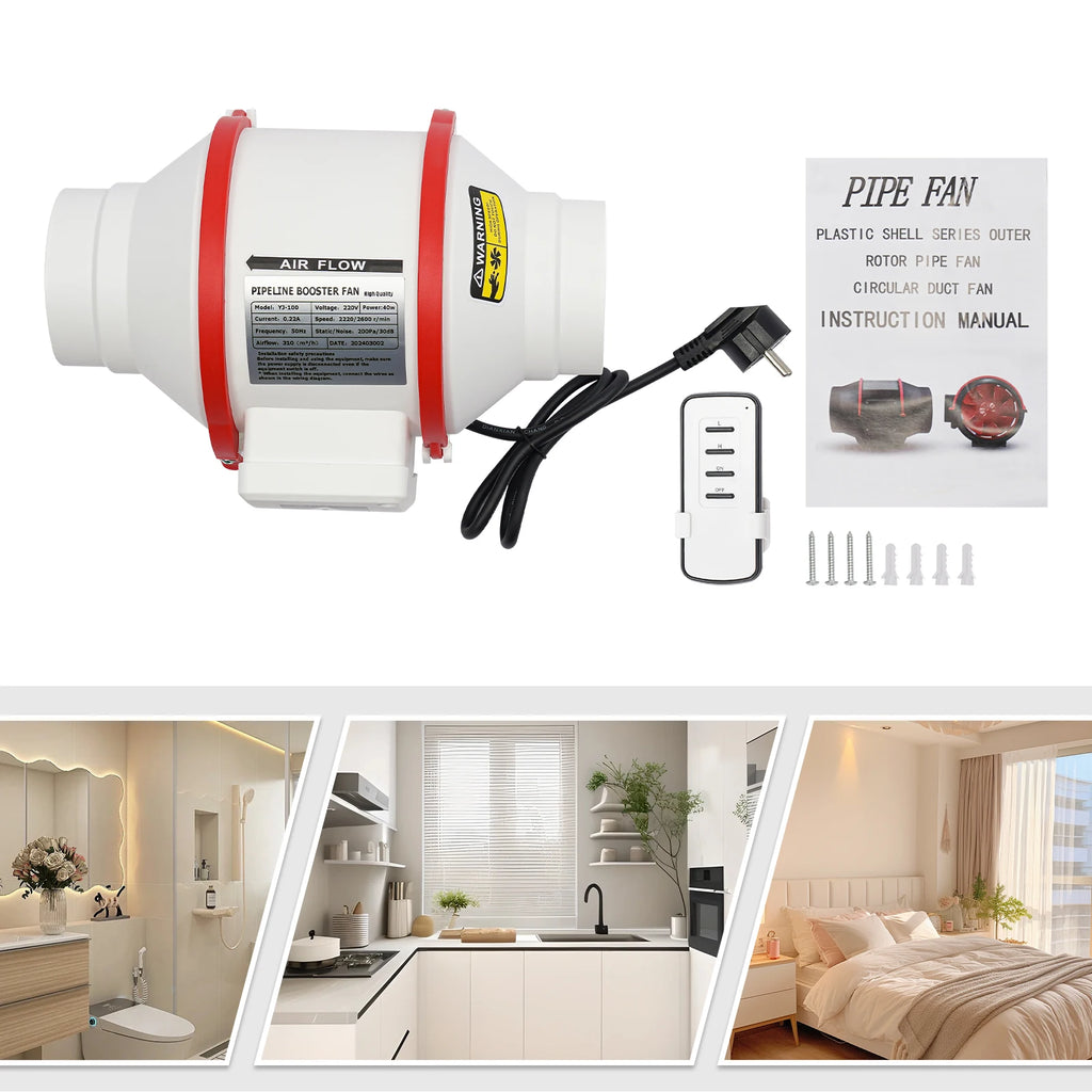 Duct Inline Ventilation Exhaust Fan with Remote Controller,310 m ³/h High Efficiency Air Fan Copper Motor