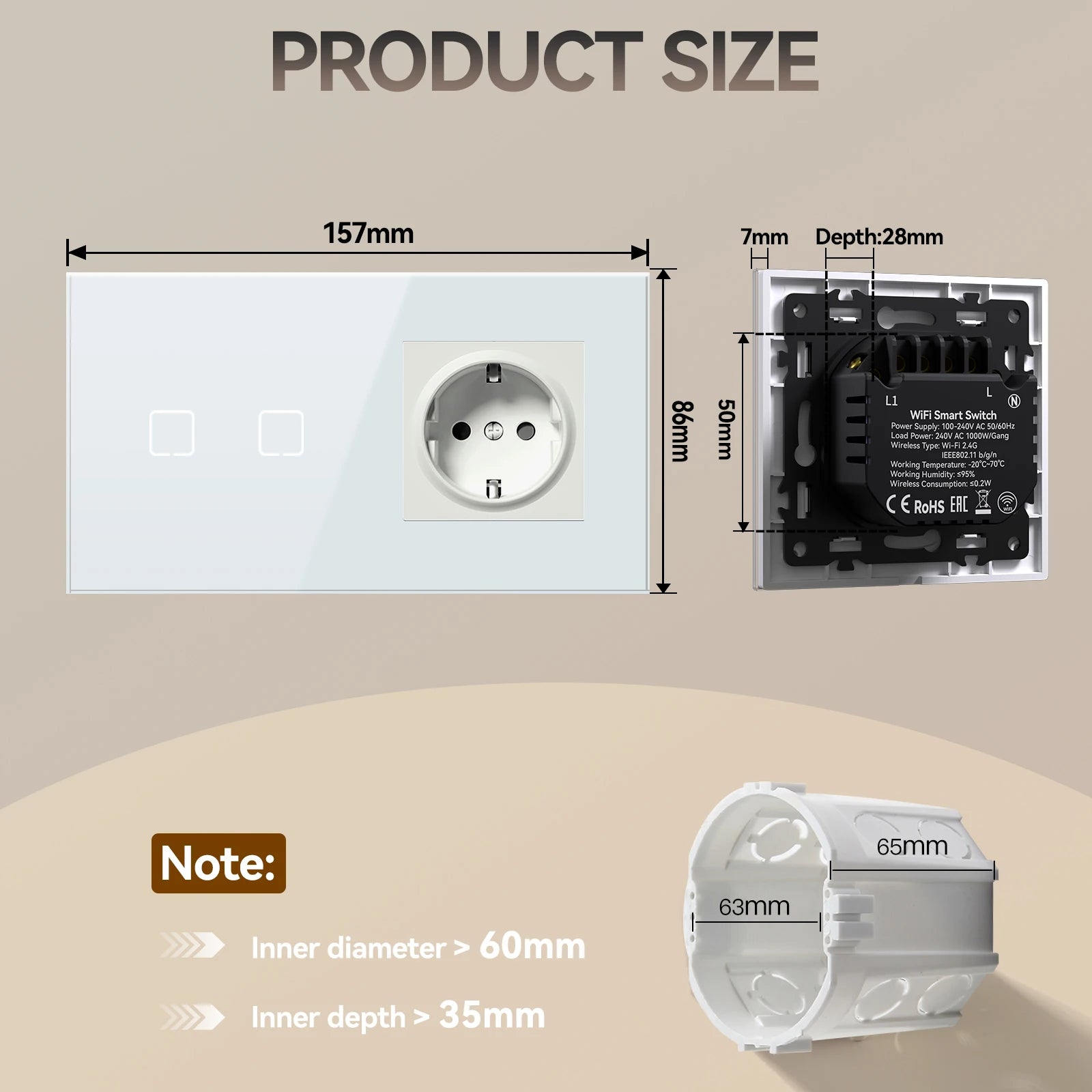 BSEED 1/2/3/4Gang WIFI Touch Switch Glass Panel Smart Wall Light Switch Touch Screen Phone Fast Charge USB C Socket E Series