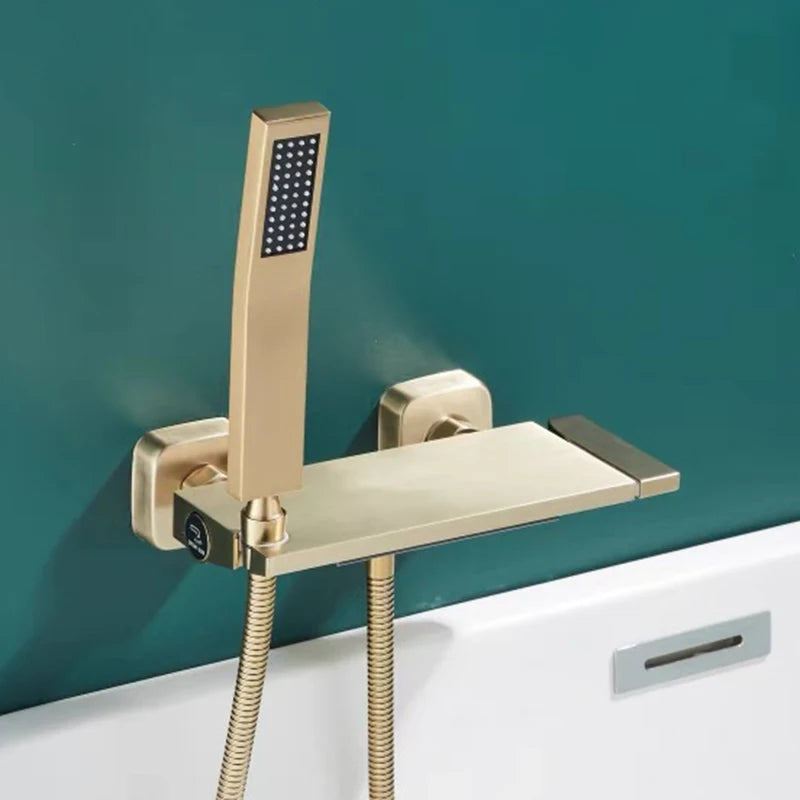 Brushed Gold Waterfall Bathtub Shower Faucet Set Bathroom Bathtub Mixer Taps Hot and Cold Shower Faucet Wall Mounted Bathtub Tap