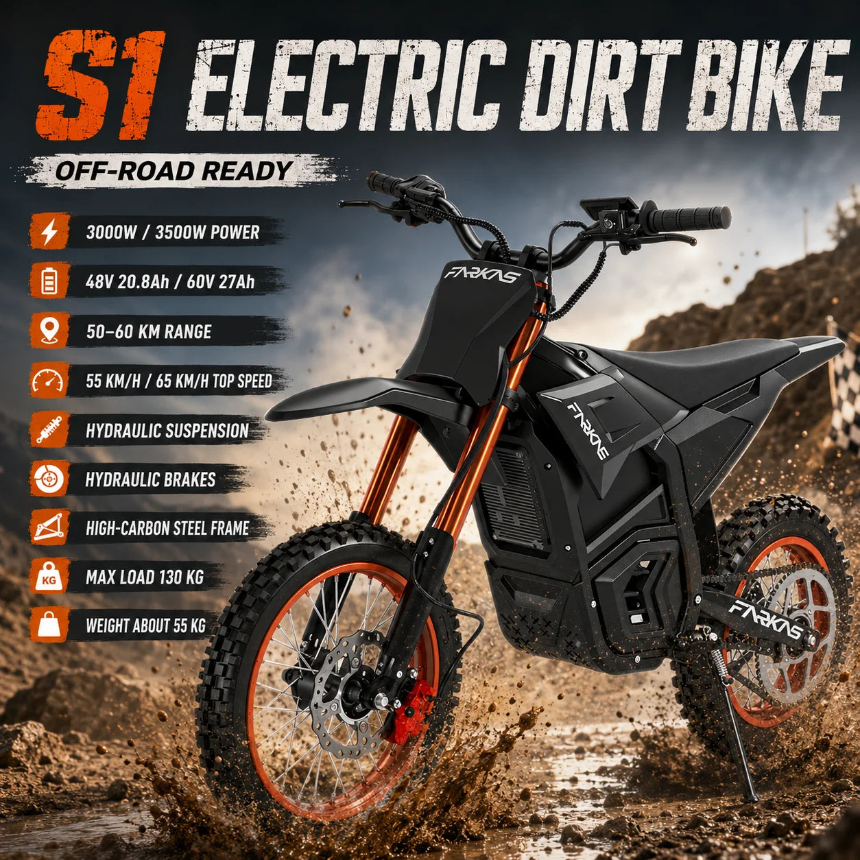 S1 E-Bike Off-Road Electric Bike with 14 Inch Front 12 Inch Rear Tires 3000W 3500W DC Motor 60V 27Ah Battery 130KG Max Load