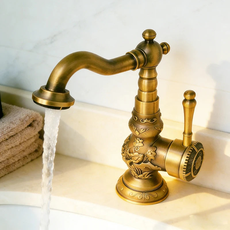 Luxury Antique Bronze Copper Carving Deck Mounted Kitchen Faucet Bathroom Basin Faucet Sink Faucet Mixer Hot and Cold Water Tap