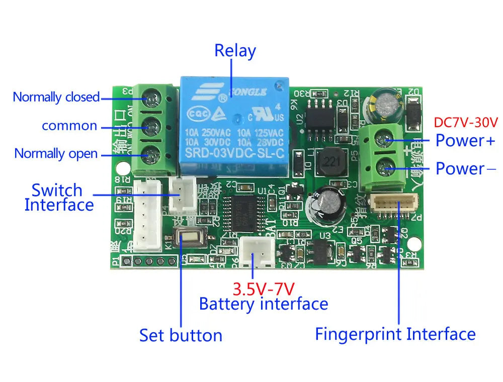 Fingerprint access control relay module DC7v-30v door lock controller Switch fingerprint  induction electric lock control board