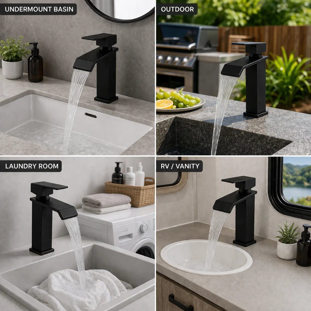 SANIVITAL Modern Matte Black Waterfall Basin Faucet Hot Cold Mixer Tap Single Handle Bathroom Sink Faucet Durable Deck Mount