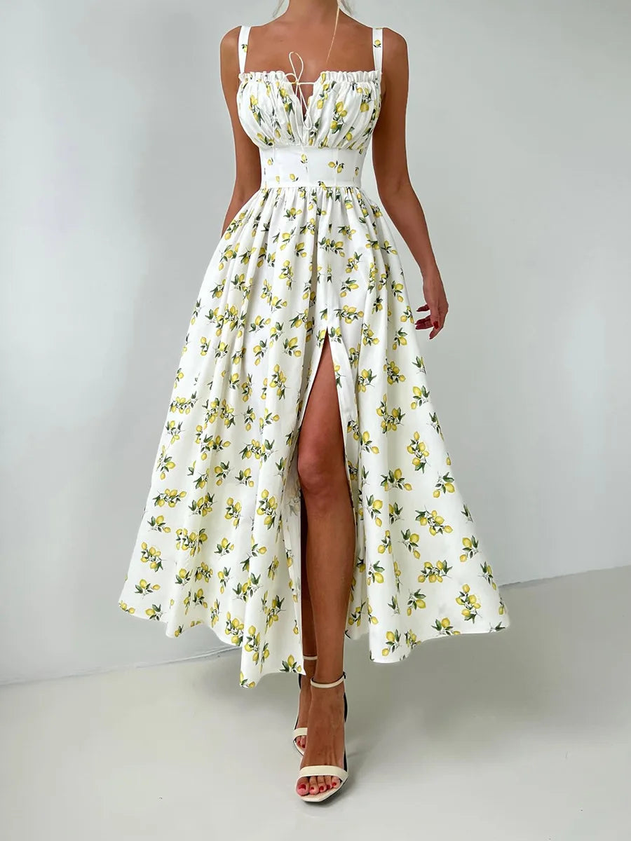Bornladies 2025 Summer New Printing Cami Dress High Waist Slit Lemon Print Maxi Dress Vacation Long Dress For Women