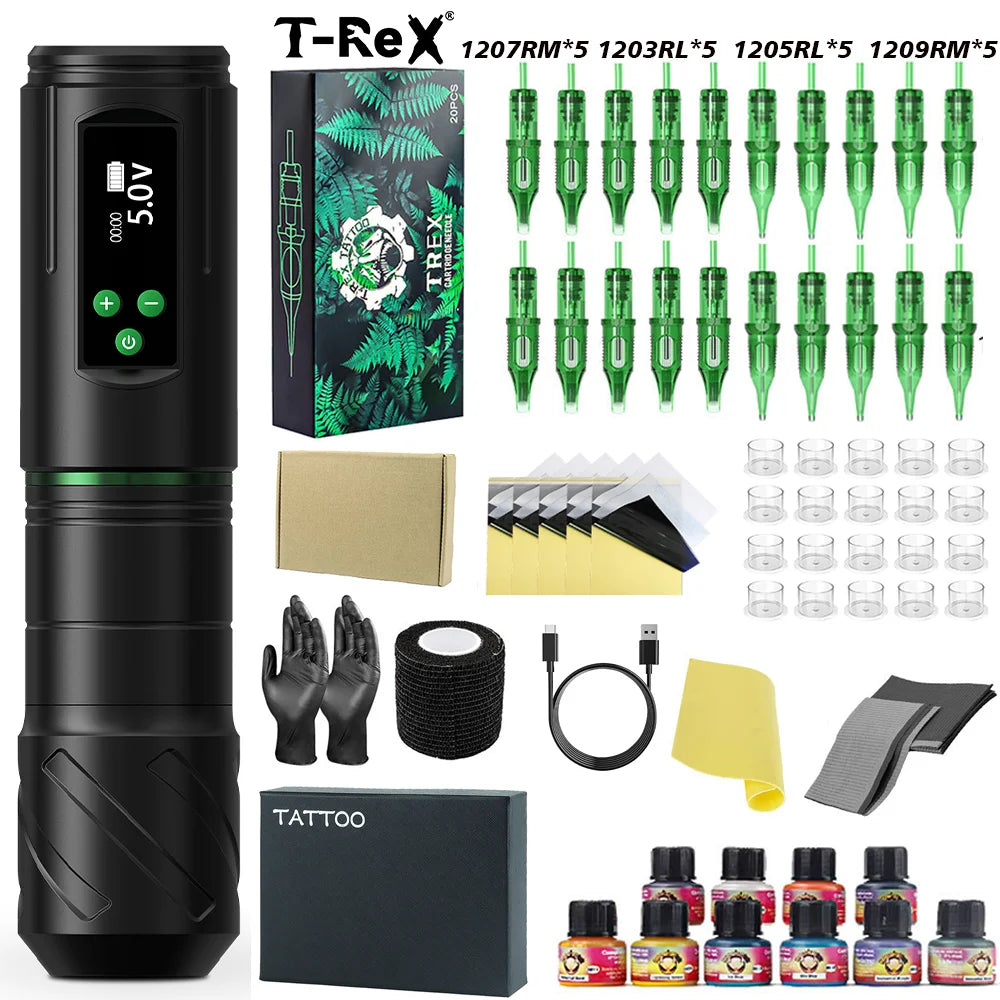 Kiss of Dragon Tattoo Kit Wireless Tattoo Machine Pen Kit 3.5mm Stroke Custom Motor 1600mAh LCD Screen Battery Complete Kit