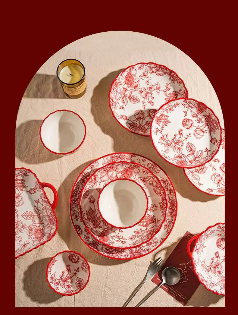Modern Red Dinner Set Plates Luxury Designer Italian Round Plates Dinner Sets Ceramic Elegant Aparelho De Jantar Kitchen Dishes
