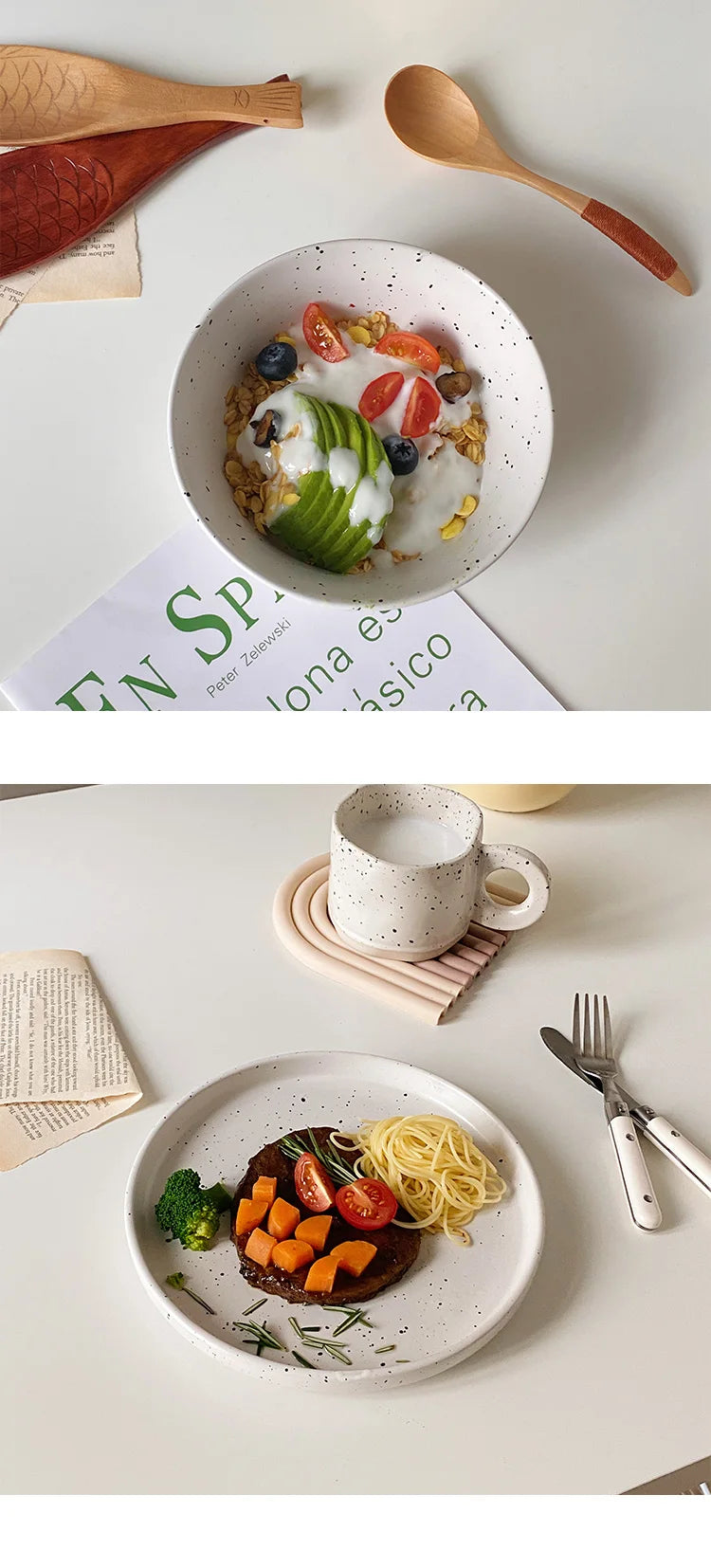 Retro Style White Ink-splashed Ceramic Bowl and Plate Western Food Steak Fruit Dessert Tray Salad Bowl Tableware Main Dish Plate