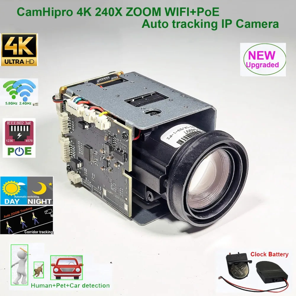 4K Auto Tracking Security Camera – 240X Zoom, WiFi 2.4/5.8GHz, PoE, Human+Pet+Car Recognition, Mobile App