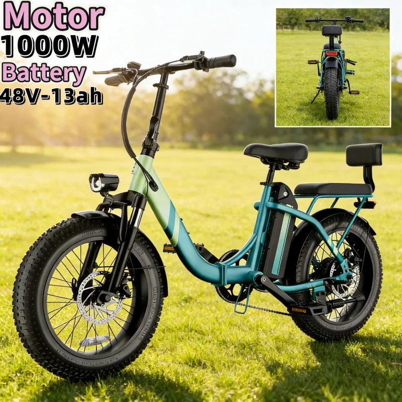 48V13AH detachable battery electric scooter, 20-inch foldable parent-child riding E-BIKE. , 1000W brushless motor electric bicyc