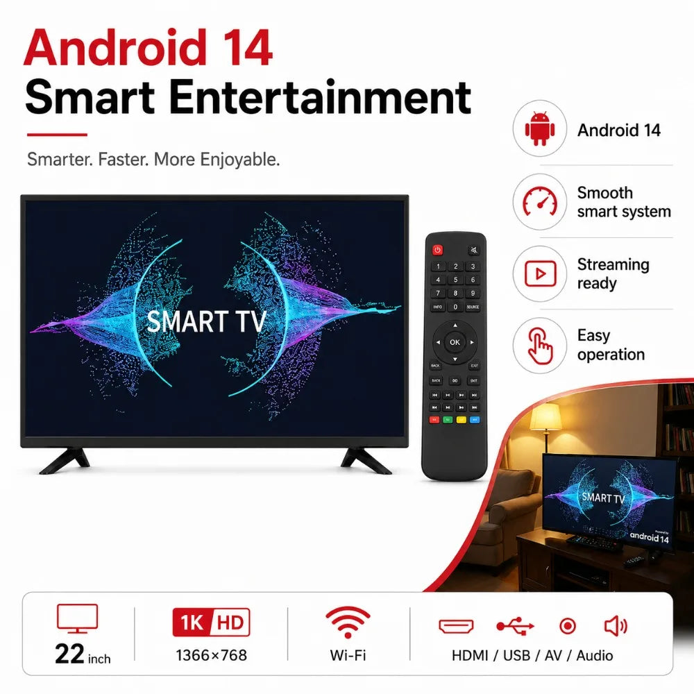 22 Inch Smart TV Android LED Television HD WiFi Bluetooth HDMI USB Flat Screen TV for Bedroom Kitchen RV Home