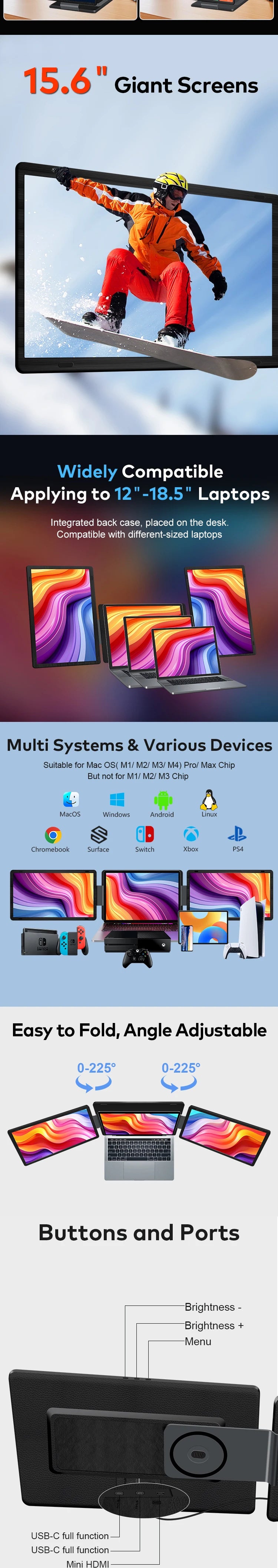 USB C Plug and Play Double LCD Screen Laptop Portable Monitor With FHD 1080P Display for 15.6 to 17.3 Inch Laptops