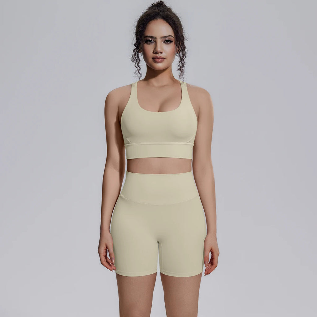 2PCS/set Yoga Set Summer Breathable Running Cycling Backless Sports Bra High Waist Peach Buttocks Fitness Shorts Gym Yoga Set