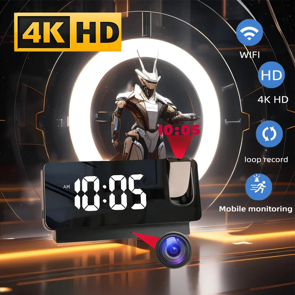 HD 4K Mini Projection Clock Camera Supports Motion Detection, WIFI Wireless Remote Viewing, Motion Detection, Home Camera