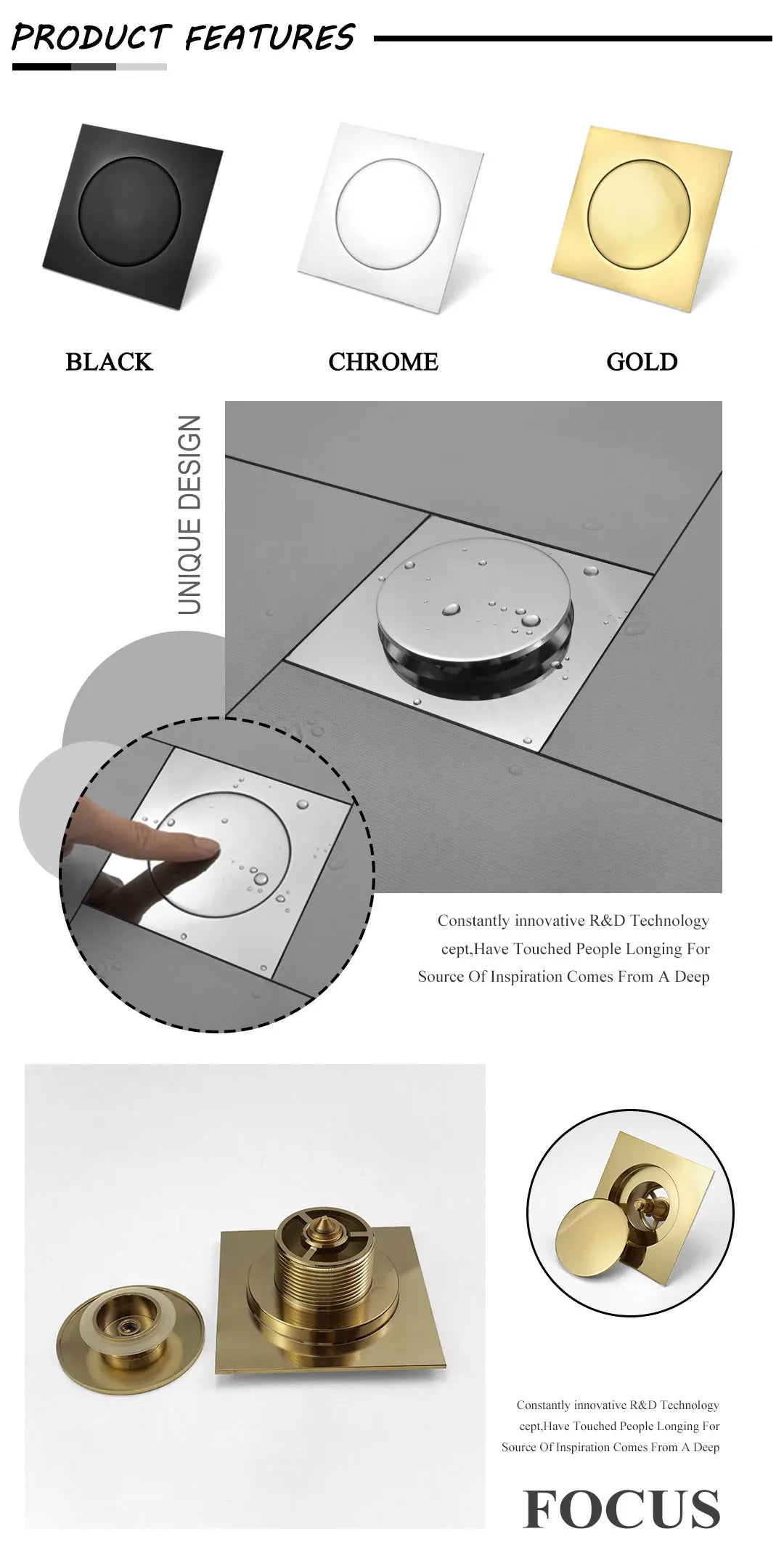 Pop Up Foot Floor Drain 10CM Brass Chrome Anti-odor Bath Drains Push Down Deodorization Gold Matte Black Shower Room Cover Plug