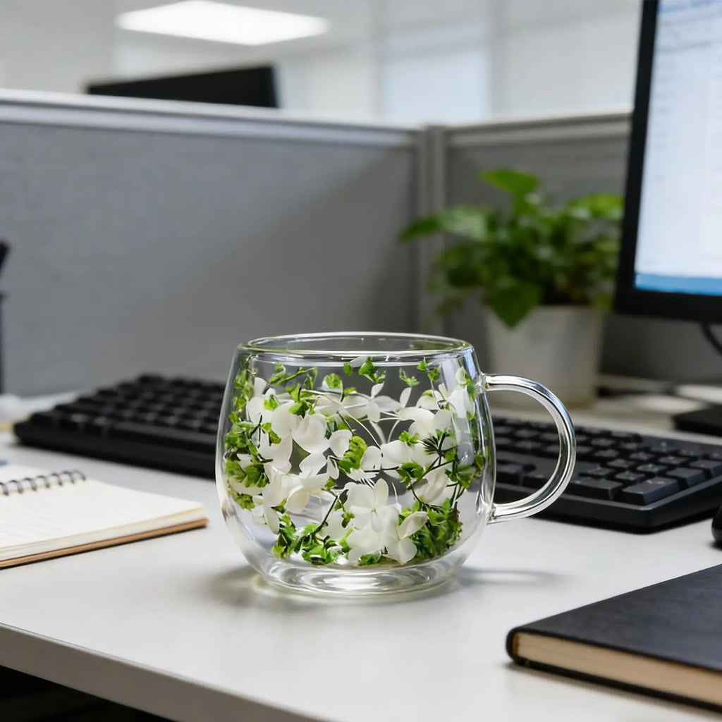 300ml Glass Cup with Dried Flower Heat Resistant Drinking Glasses for Water Juice Milk Coffee Tea Home Cafe Office Party