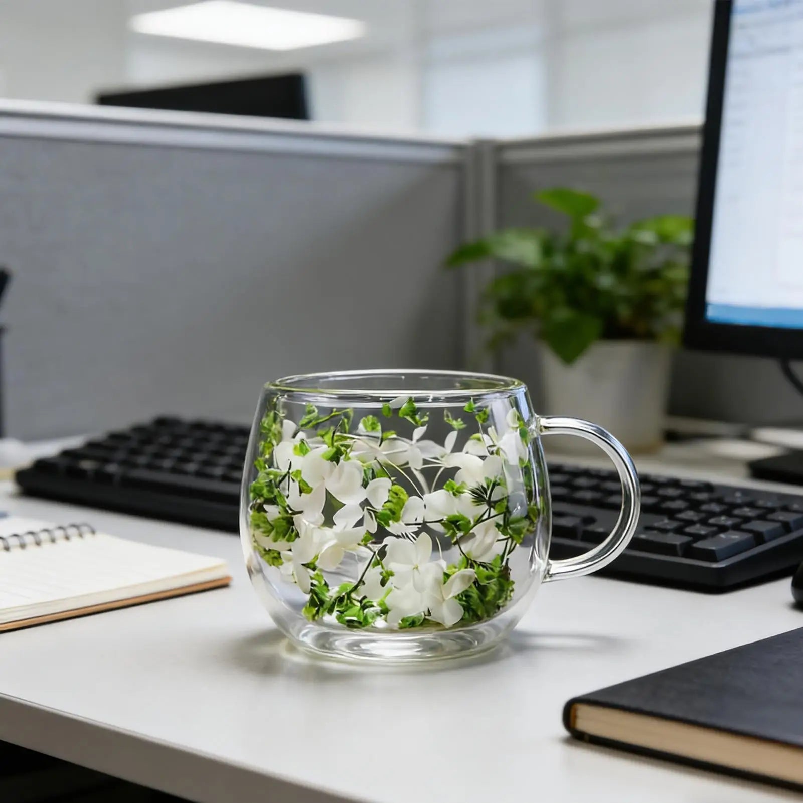 300ml Glass Cup with Dried Flower Heat Resistant Drinking Glasses for Water Juice Milk Coffee Tea Home Cafe Office Party