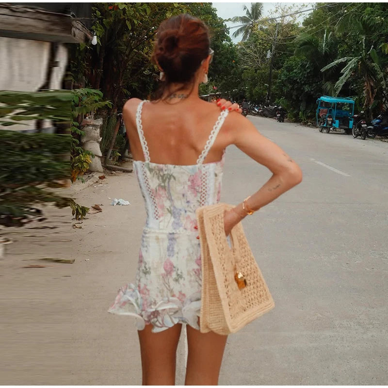 Women's Printed Dress V-neck Lace Hollow Out A-line Spaghetti Strap Pleated Lady Dresses 2026 Summer Chic Female Sexy Party Robe