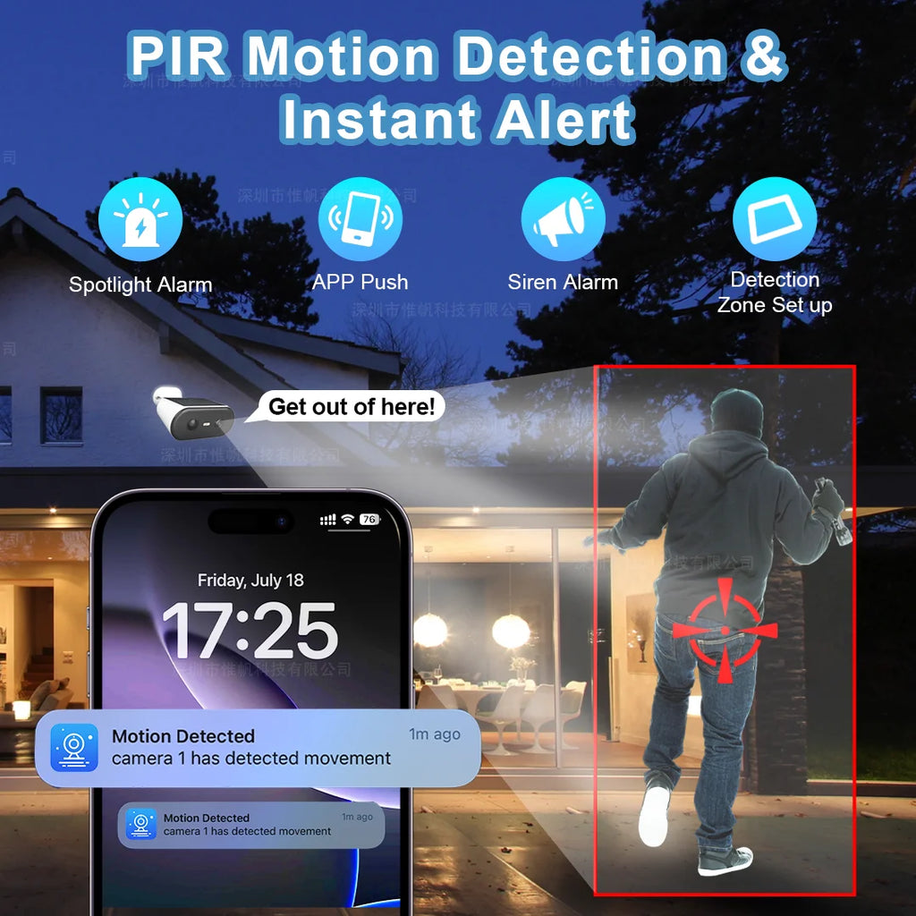 2K Solar Security Camera WIFI Wireless 2.4/5GHz DualBand Outdoor Camera IP65 Waterproof  AI PIR Motion Surveillance Battery Cam