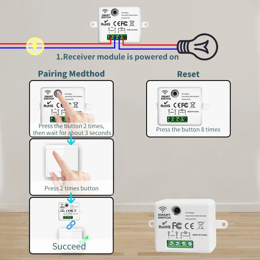 Wireless 433MHz Smart Switch Light 1/2/3Gang 86 Wall Panel Switch with Remote Control Relay Receiver 10A 110V 220V For LED Lamp