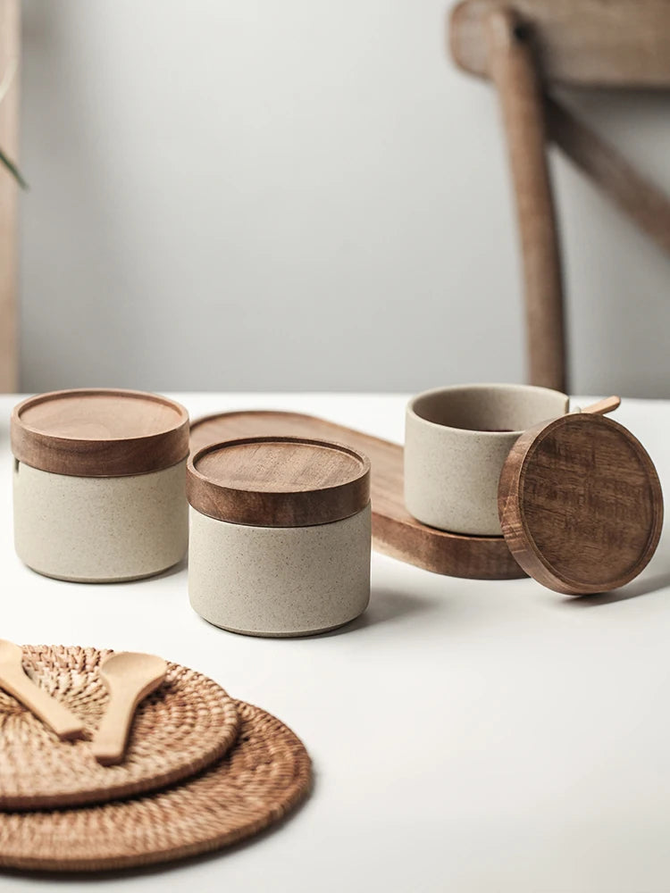 JUSTINLAU Ceramic Seasoning Jar Japanese Spice Container with Bamboo Lid Spoon Home Oil Pot Seasoning Bottle Tray Kitchen Tools