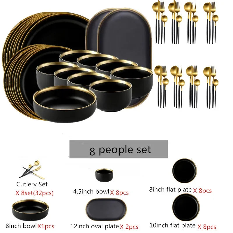 For1/ 4/6/8 Personal Black Porcelain Dinner Plates Set Ceramic Tableware Food Dishes Rice Salad Noodles Bowl Wiht Cutlery Set