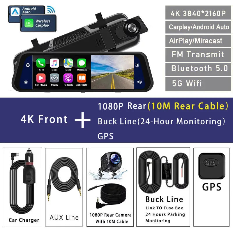 4K 3840*2160P Dash Cam Carplay Android-Auto Car DVR Dual Len 5G Wifi GPS BT FM Video Drive Recorder Stream Mirror Dashcam Camera