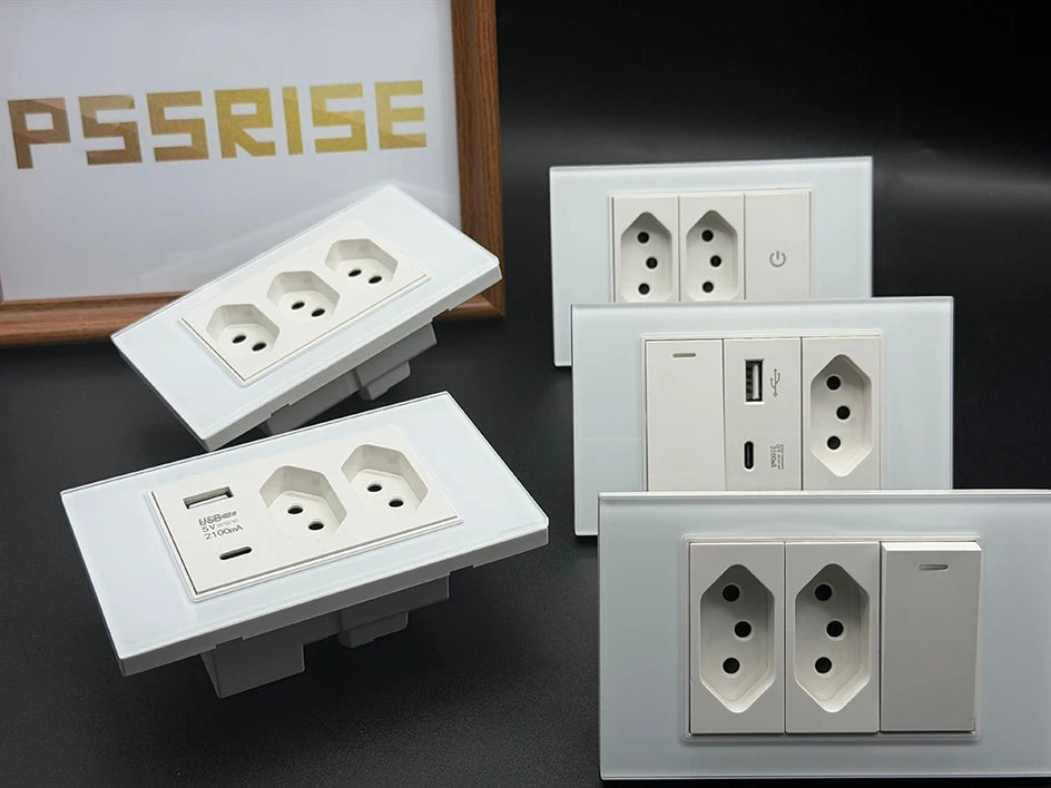 PSSRISE White Tempered Glass Standard sockets and switches brazil Switzerland Usb Type C Wall Socket Light Switch Smart Switch